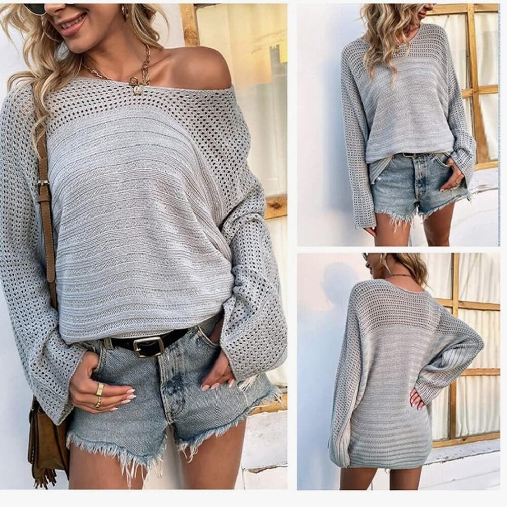 NEW Cupshe Rib Cutout Oversized Sweater, Gray, XS